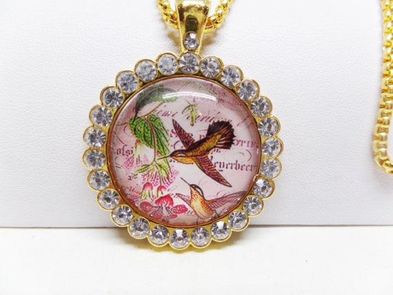 Adorable Crystal Cabochon Hummingbird Necklace