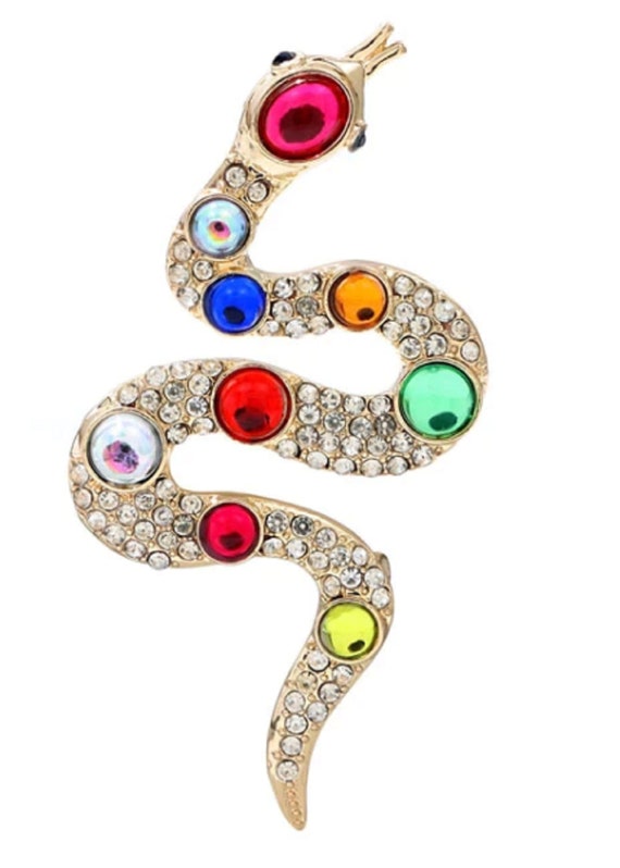 Gorgeous Rainbow Cabochon & Aurora Borealis Crystal Snake Brooch Pin