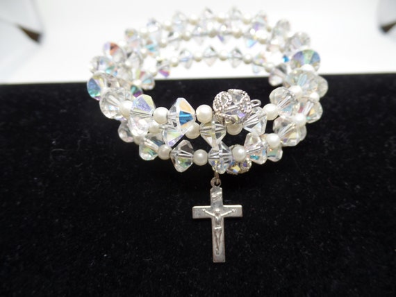 AFCO STERLING Signed Aurora Borealis Crystal Coil Bracelet with Cross
