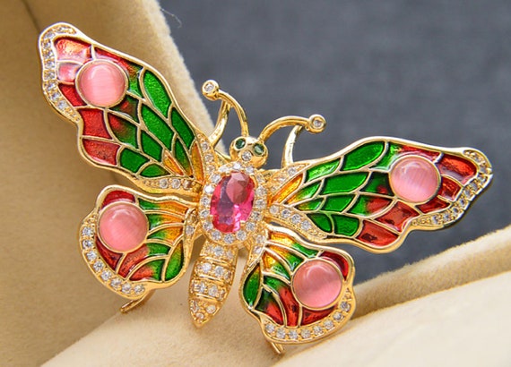 Lovely Pink and Green Enamel & Crystal Butterfly Insect Brooch