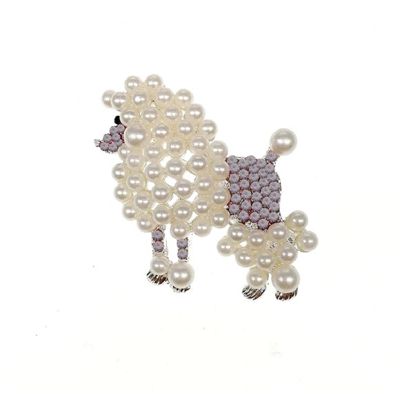 Adorable Purple Crystal and Pearl Poodle Brooch