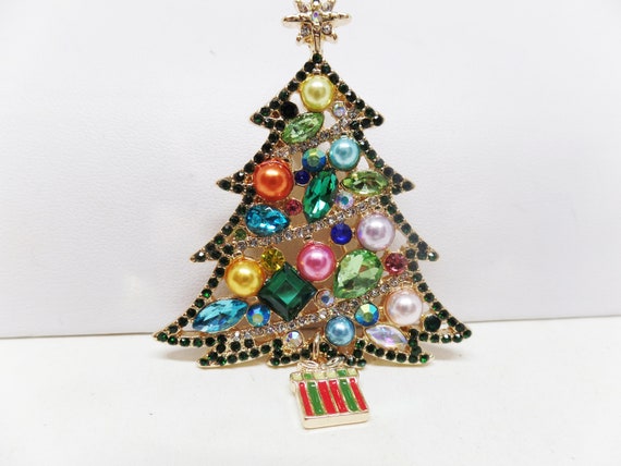 Gorgeous Multi-Color Crystal and Pearl Holiday Christmas Tree Brooch Pin