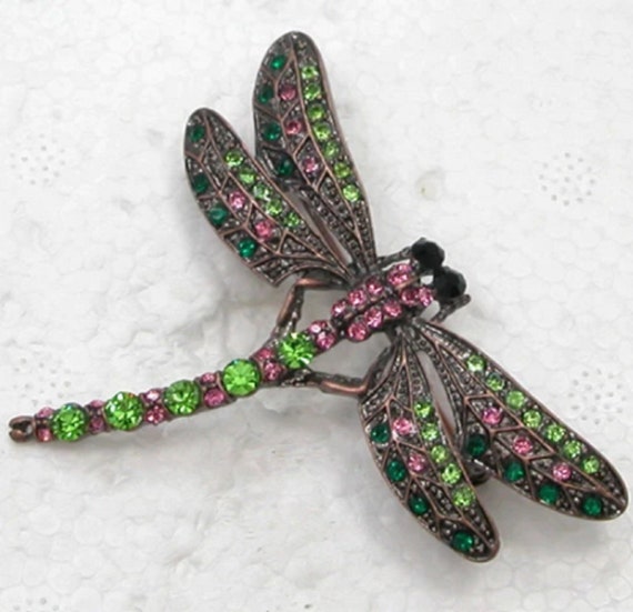 Lovely Pink & Green Crystal Insect Dragonfly Brooch