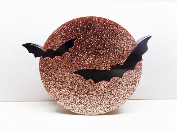 Fabulous Glitter Copper Acrylic Moon with Bats Halloween Brooch Limited Edition