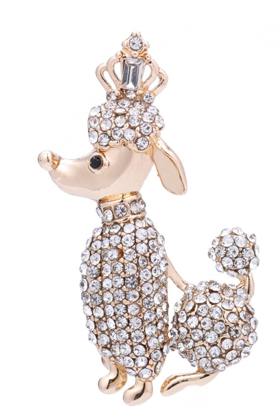 Adorable Crystal Poodle with Crown Brooch Pin