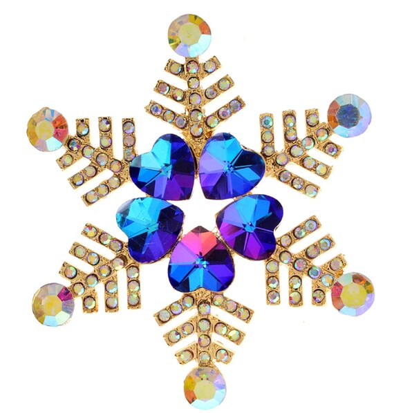 Fabulous Blue Aurora Borealis Crystal Snowflake Pin Holiday Winter Brooch!