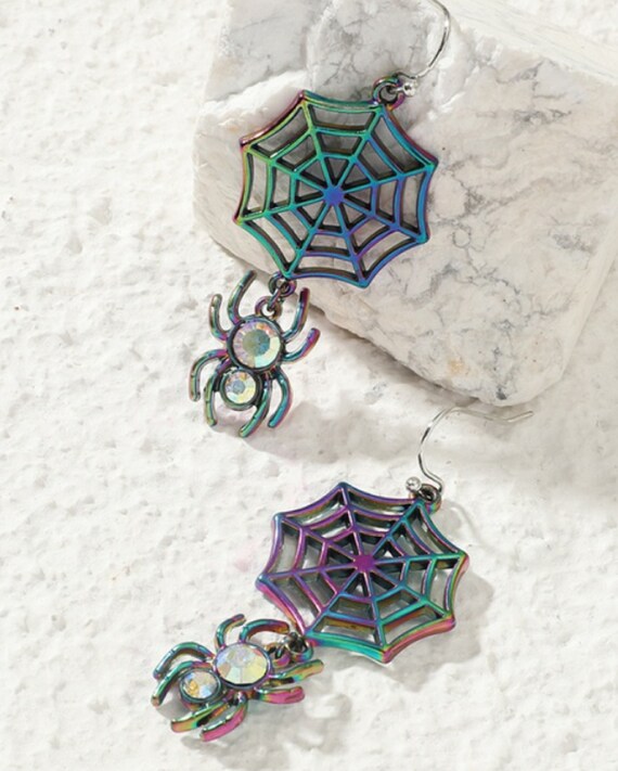 Fabulous Aurora Borealis Crystal Spider Web Dangle Earrings