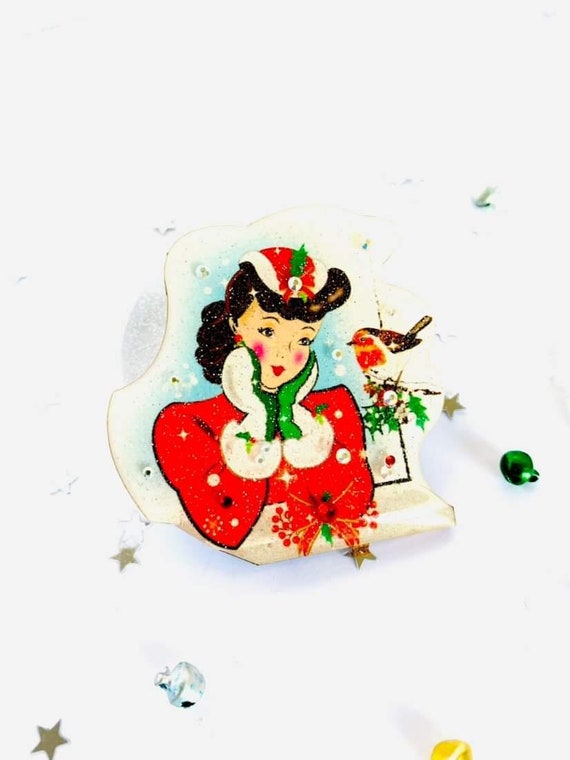 Rosie Rose Parker Christmas Woman with Red Robin Retro Acrylic Brooch Pin