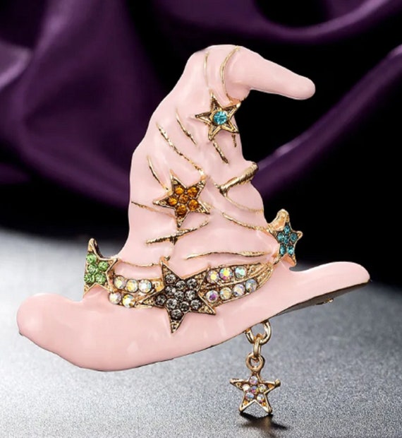 Fabulous Pink Enamel and Crystal Halloween Wizard Witch Hat Brooch Pin!