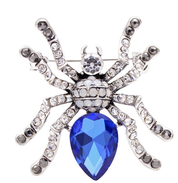 Fabulous Blue Opaline Crystal Spider Insect Brooch Pin Pendant