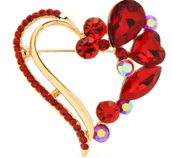 Fabulous Red Aurora Borealis Double Crystal Heart Brooch Pin