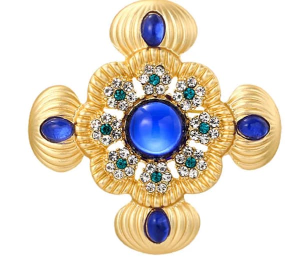 Lovely Blue Crystal Cabochon Maltese Cross Brooch Pin