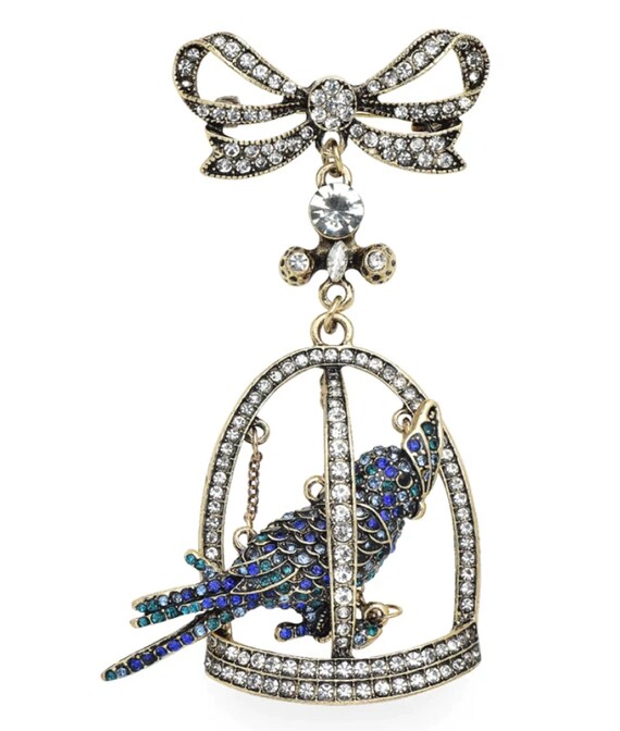Stunning Blue Crystal Cockatoo Bird in Cage Brooch Pin