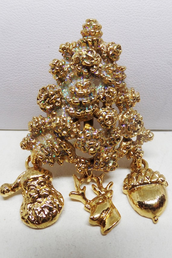Gorgeous Vintage Gold Christmas Charm Tree Brooch Signed CICI USA