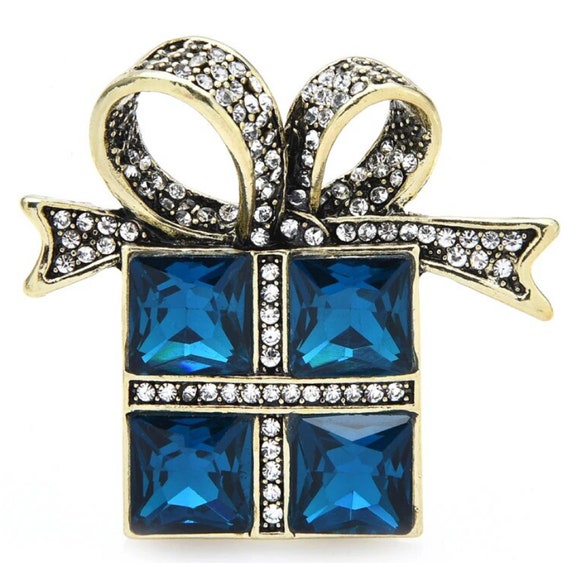 Gorgeous Blue Crystal Gift Box Holiday Birthday Brooch Pin