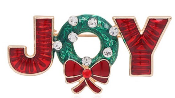 Adorable Crystal and Enamel Holiday JOY Brooch Pin