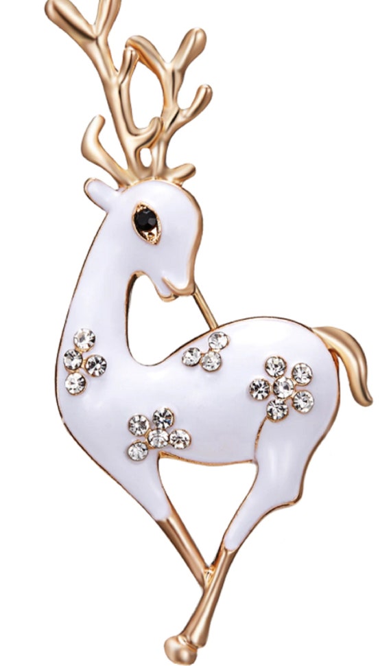 White Enamel & Crystal Reindeer Brooch