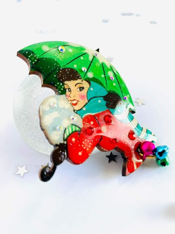 Rosie Rose Parker Christmas Woman with Umbrella Retro Acrylic Brooch Pin