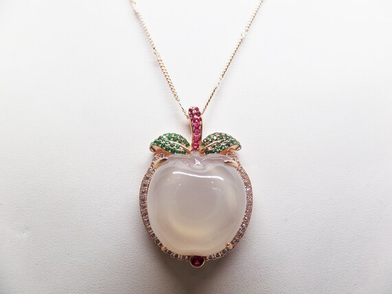 Lovely Chalcedony Apple & CZ Pendant 18KGF Rose Gold Necklace