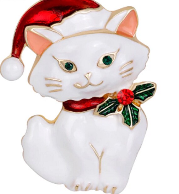 Adorable White Enamel and Crystal Cat with Santa Hat Holiday Brooch!