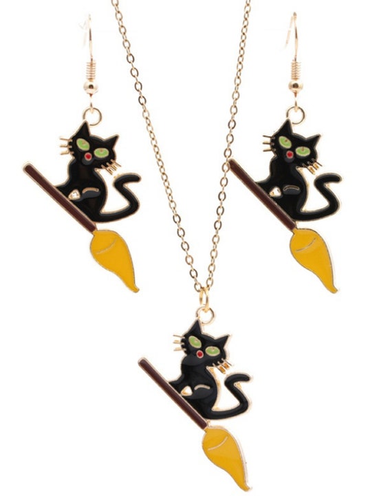 Adorable Enamel Black Cat on Broom Halloween Necklace Set