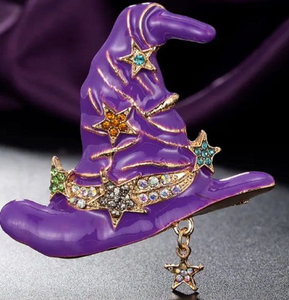 Fabulous Purple Enamel and Crystal Halloween Wizard Witch Hat Brooch Pin!