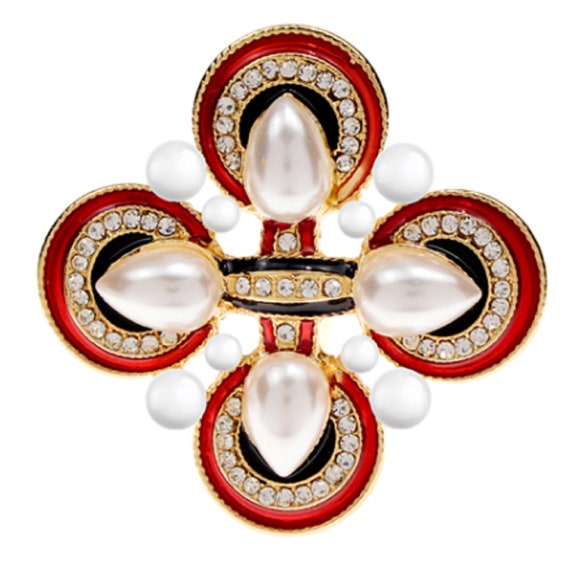 Lovely Crystal,Enamel, & Pearl Maltese Cross Brooch Pin