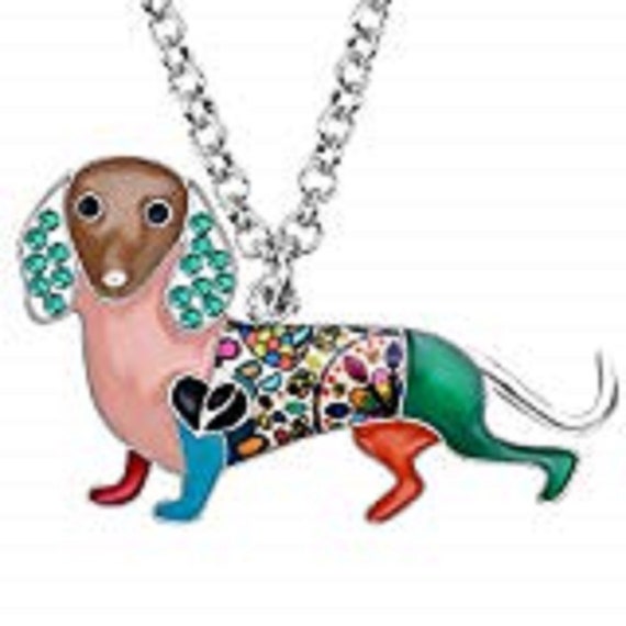 Adorable Enamel & Crystal Dachshund Dog Necklace