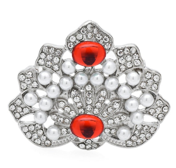 Gorgeous Deco Inspired Crystal, Pearl & Red Cabochon Brooch Pin