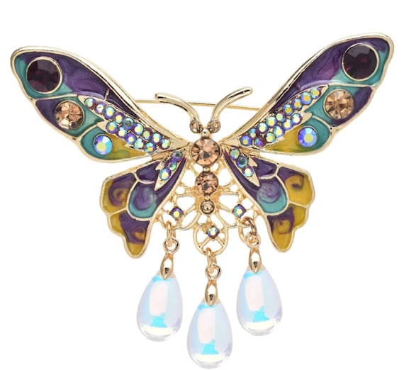 Gorgeous Aurora Borealis Crystal Drop Butterfly Brooch