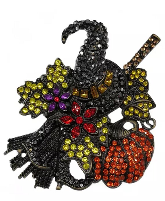 Amazing Crystal Halloween Witch Hat with Broom Brooch Pin!