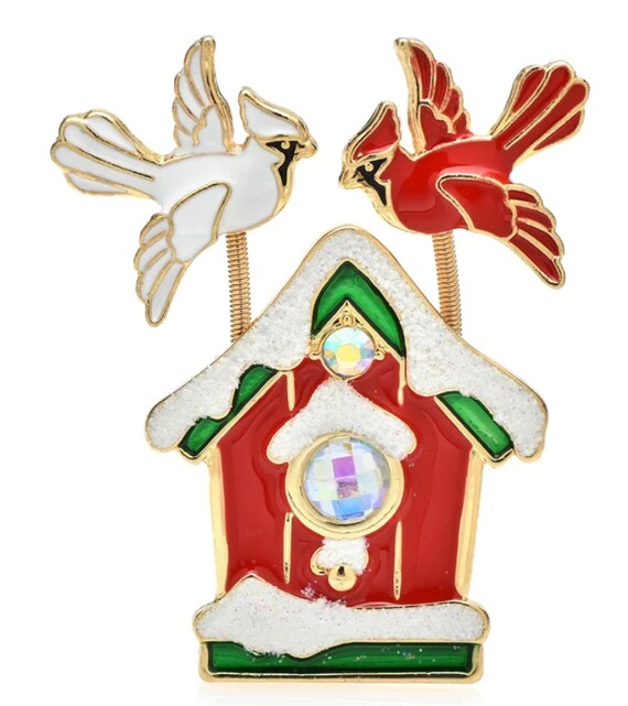 Gorgeous Enamel & Crystal Cardinal Birdhouse Christmas Holiday Brooch Pin