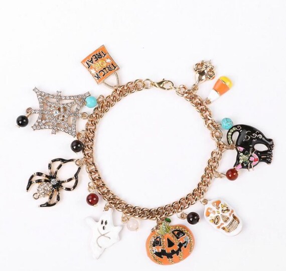 Adorable Enamel and Crystal Halloween Charm Bracelet