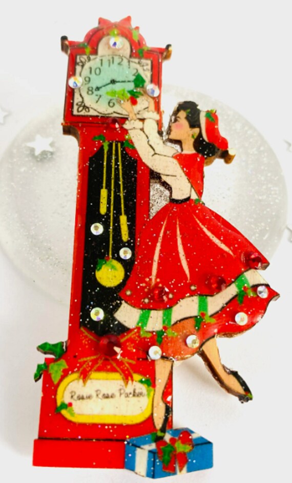 Rosie Rose Parker Christmas Grandfather Clock Retro Acrylic Brooch Pin
