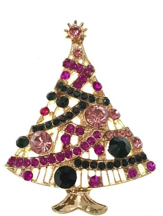 Gorgeous Pink & Green Crystal Holiday Christmas Tree Brooch Pin