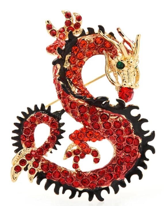 Fabulous Red & Black Crystal Dragon Brooch Pin Pendant