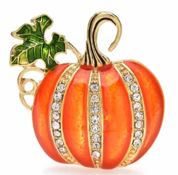 Lovely Enamel & Crystal Pumpkin Autumn Fall Brooch Pin