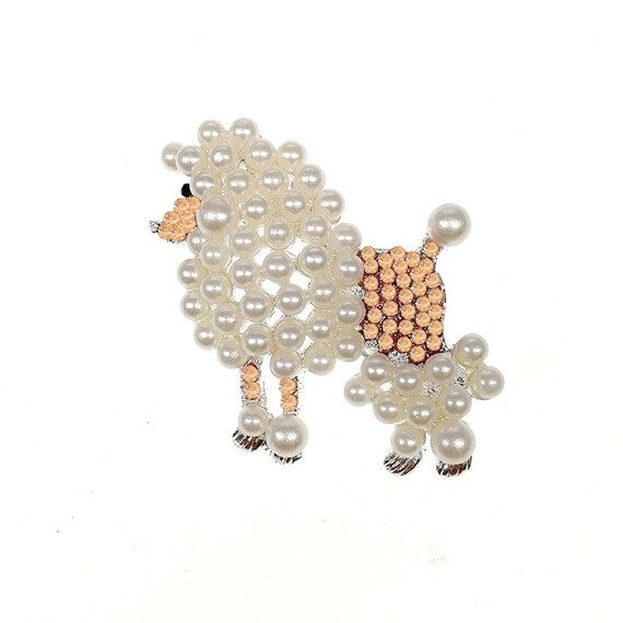 Adorable Peach Crystal and Pearl Poodle Brooch
