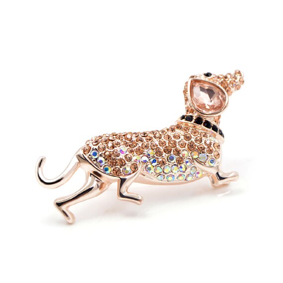 Adorable Sparkling Champagne Crystal Dachshund Dog Brooch