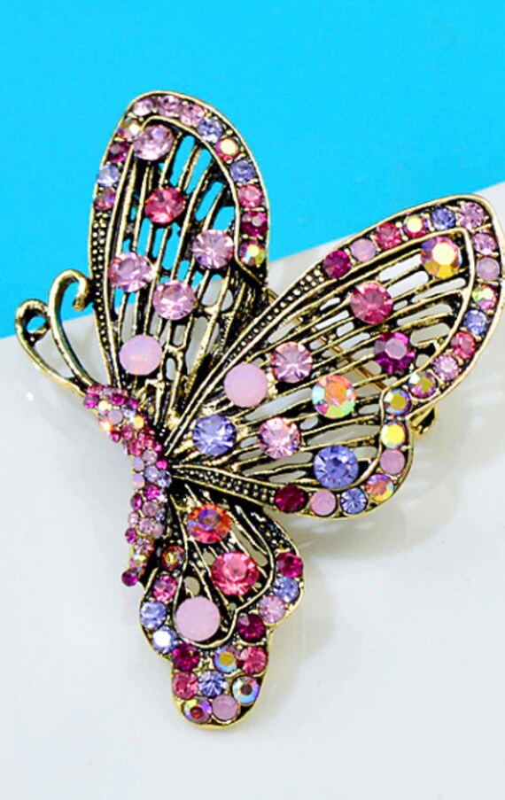 Gorgeous PInk Crystal Butterfly Brooch Pendant
