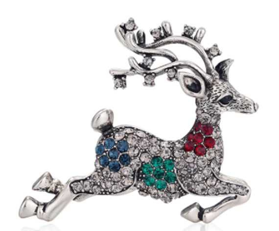 Lovely Multi Crystal Reindeer Holiday Winter Brooch