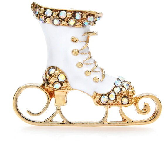 Enamel & Aurora Borealis Crystal Ice Skate Brooch Pin
