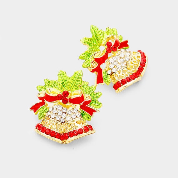 Adorable Crystal Filigree Bell Holiday Christmas Earrings