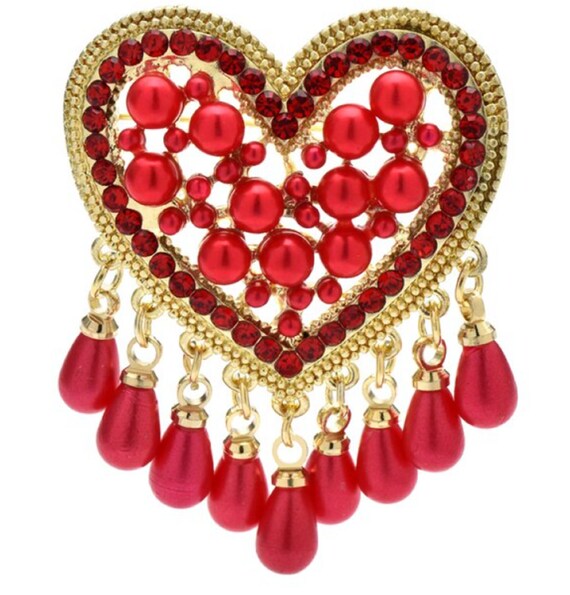 Stunning Red Pearl & Crystal Dangle Heart Brooch Pin