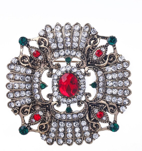 Gorgeous Red, Green, & Clear Crystal Maltese Cross Brooch