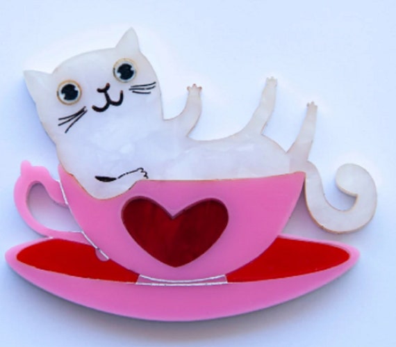 DAISY JEAN Kitty in Teacup Acrylic Valentine Brooch