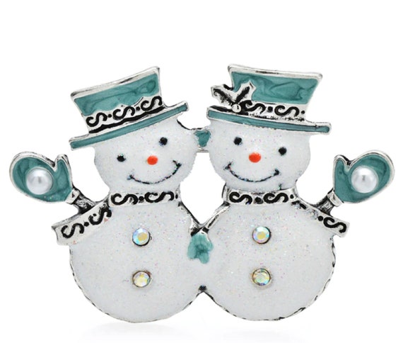 Adorable Enamel & Crystal Snowman Couple Brooch Pin