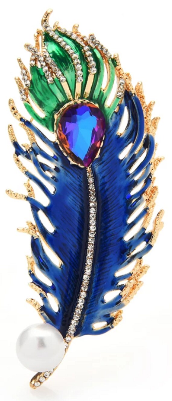 Gorgeous Blue and Green Crystal Peacock Feather Brooch Pin Pendant