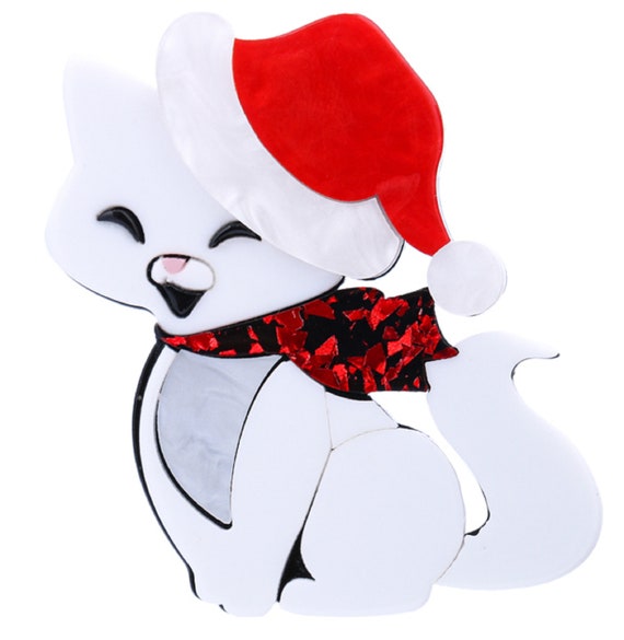 Adorable Acrylic White Cat with Santa Hat Christmas Brooch Pin