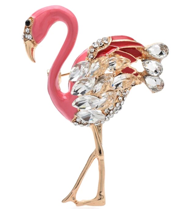 Gorgeous Enamel & Crystal Flamingo Bird Brooch Pin
